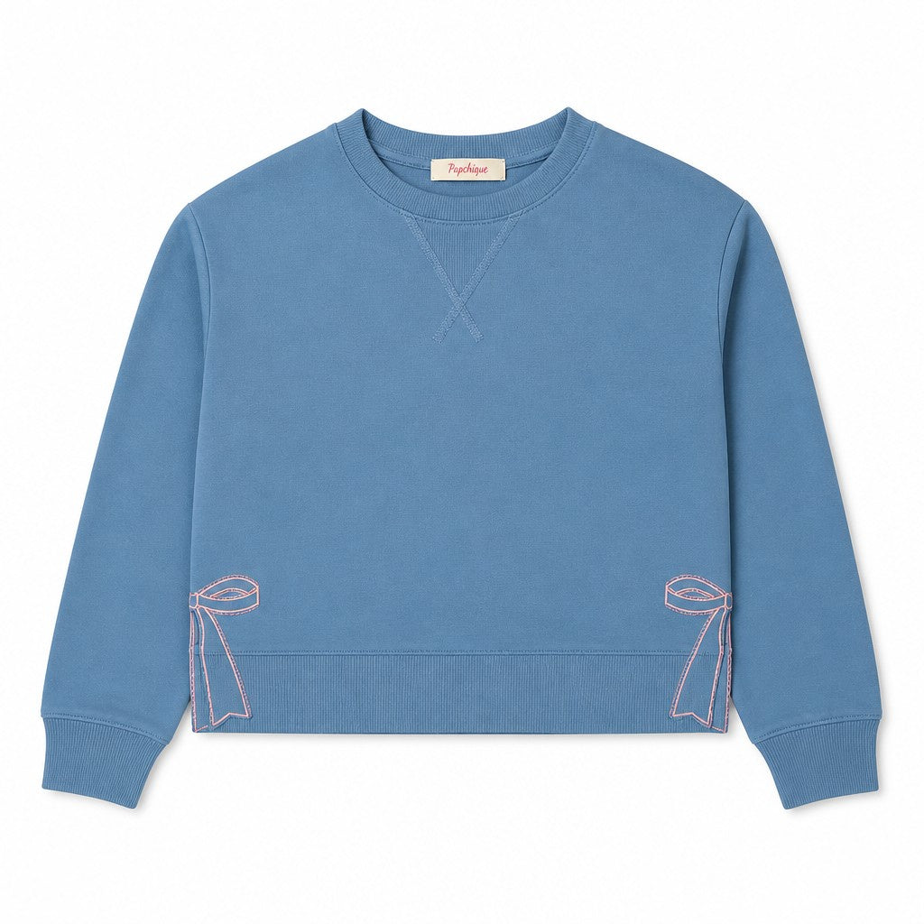 Peach Love Crew Neck Side Slit W/Bow EMBO Detail Cropped Sweatshirt Dusty Blue YIKT200355 5307