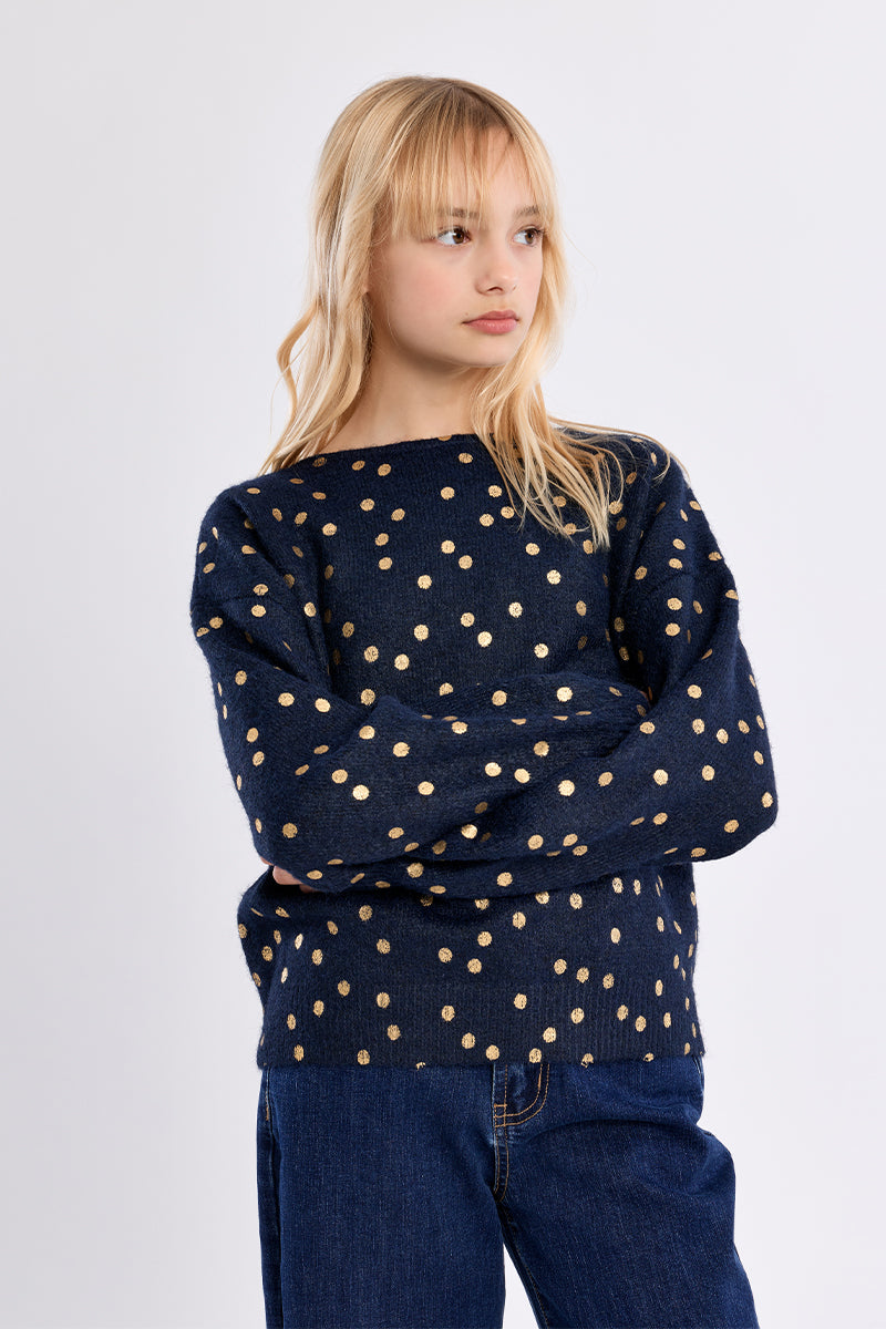 Molly Bracken Girls Knitted Sweater Navy Blue/Gold Polka Dot MLA2031EH