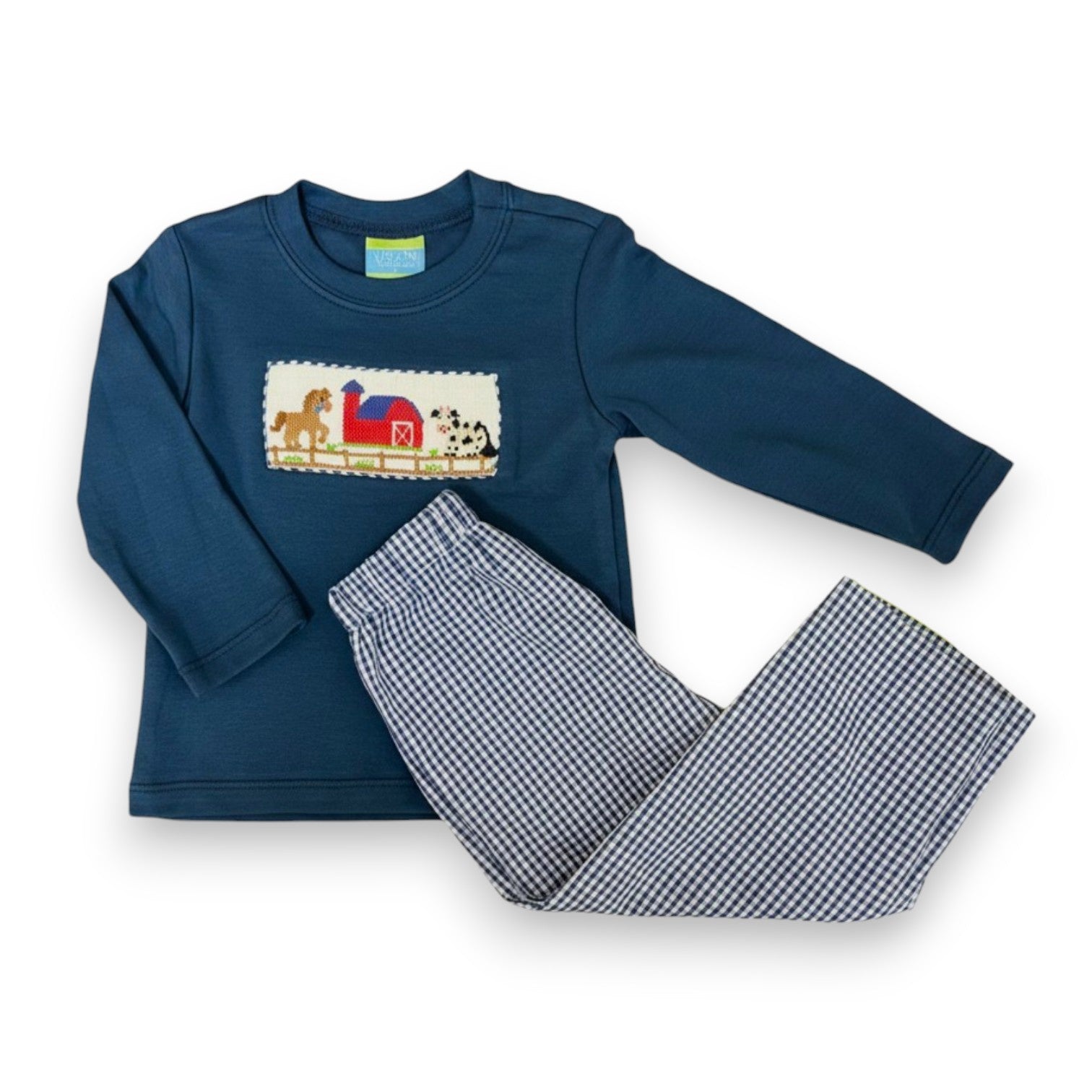 Anavini Navy Farm Smocked L/S Tee & Navy Blue Gingham Pants 506PL/506PB 5307