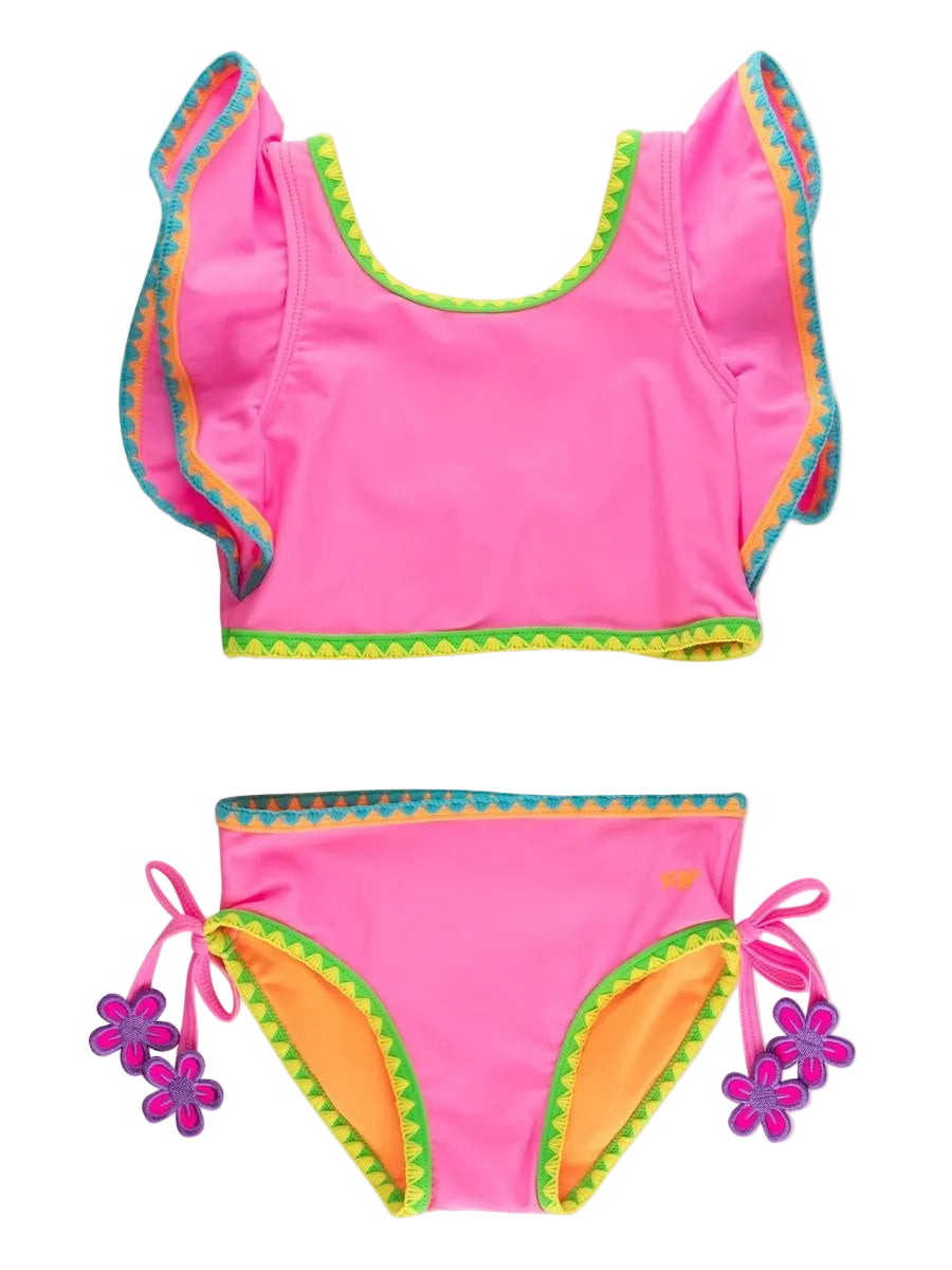 RuffleButts Neon Pink Crochet Detail Butterfly Tankini 2-Piece Swimsuit 1SW1028-00-CO382 5302