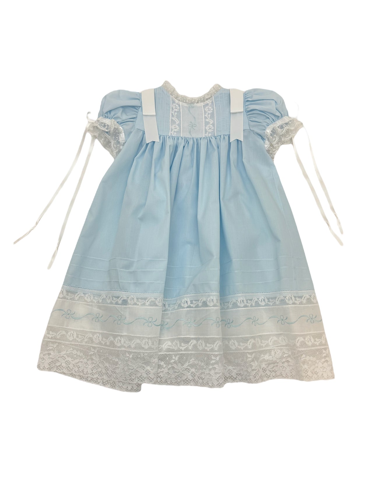 Treasured Memories Blue Dress W/White Lace Squared Bodice and Blue Bow Embroidery S2838