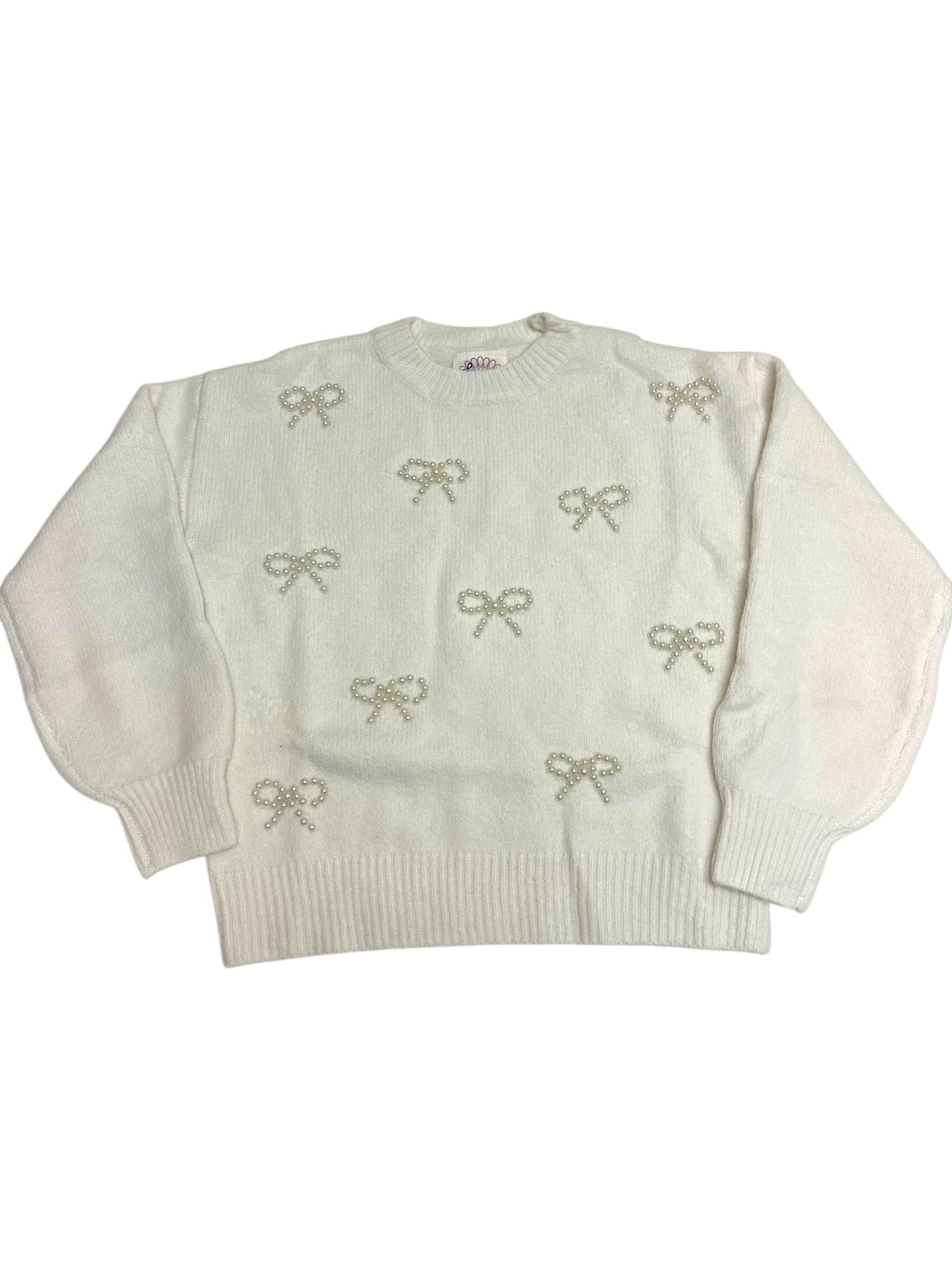 Love Daisy LS Crew Neck Sweater W/Pearl Bows Ivory/Pearl LD15824 5208