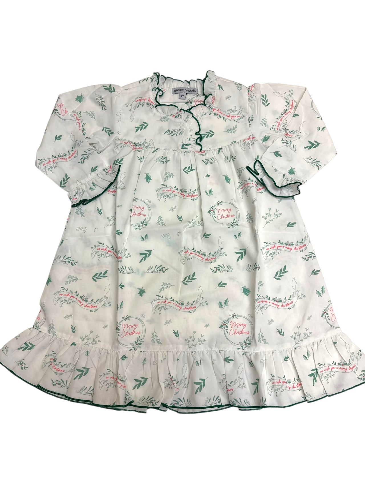Sweet Dreams Merry Christmas Print White W/Green Trim Gown 5208