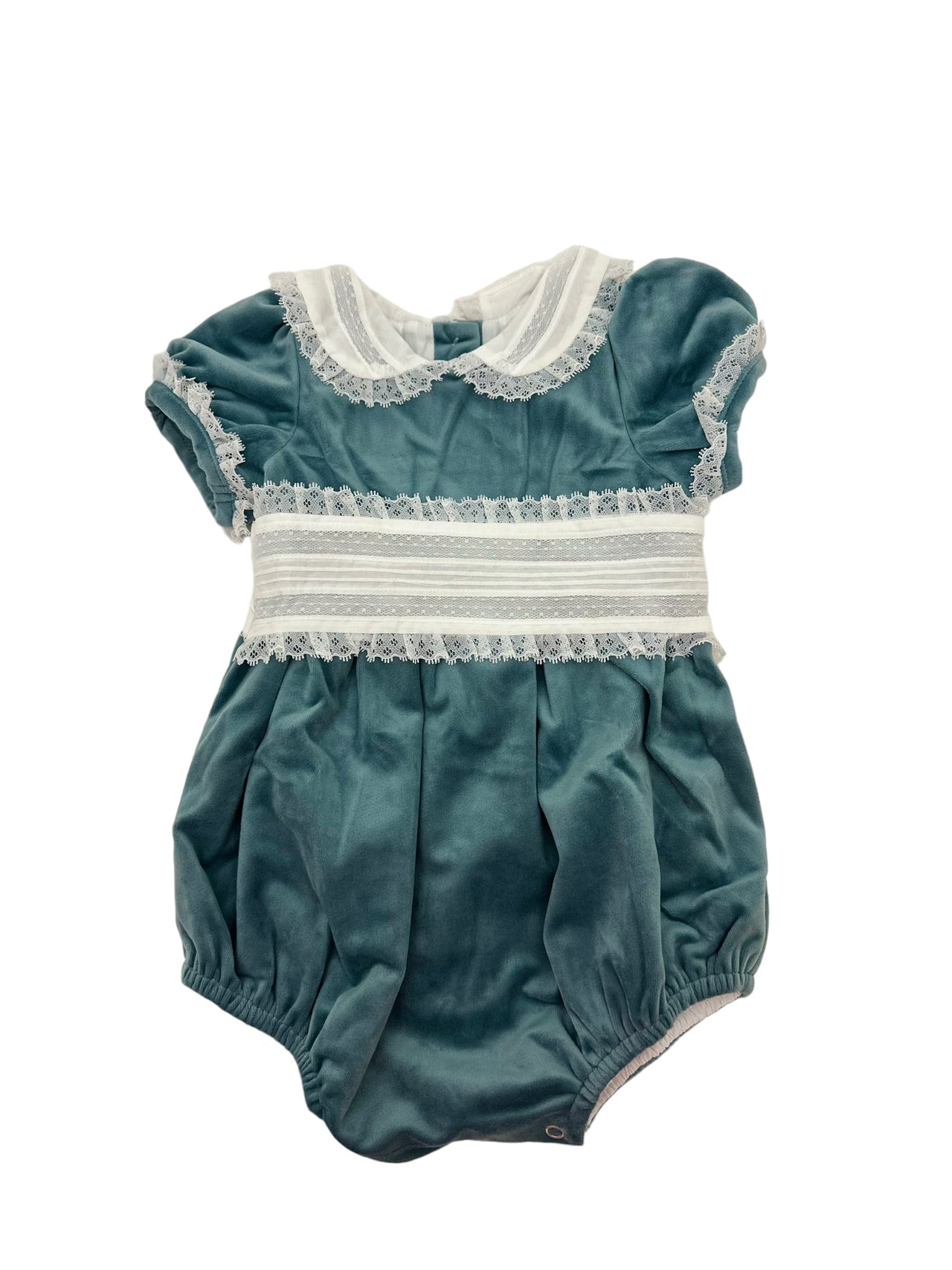 Lulu Bebe Blue Velvet Girl Bubble W/Lace Sky 5108