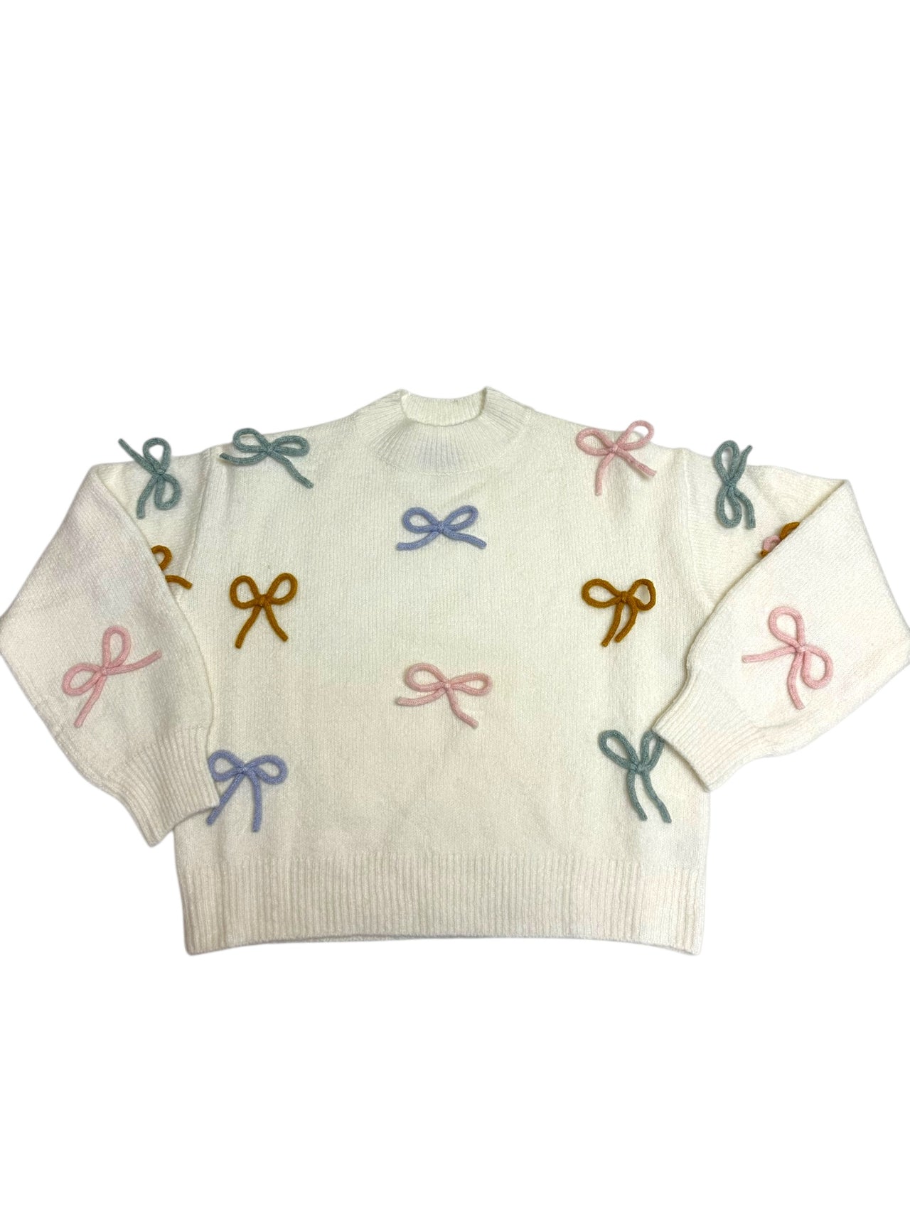 Love Daisy Pastel bow Trim Crew Neck LS Sweater Ivory/Pink/Purple LD15833 5208
