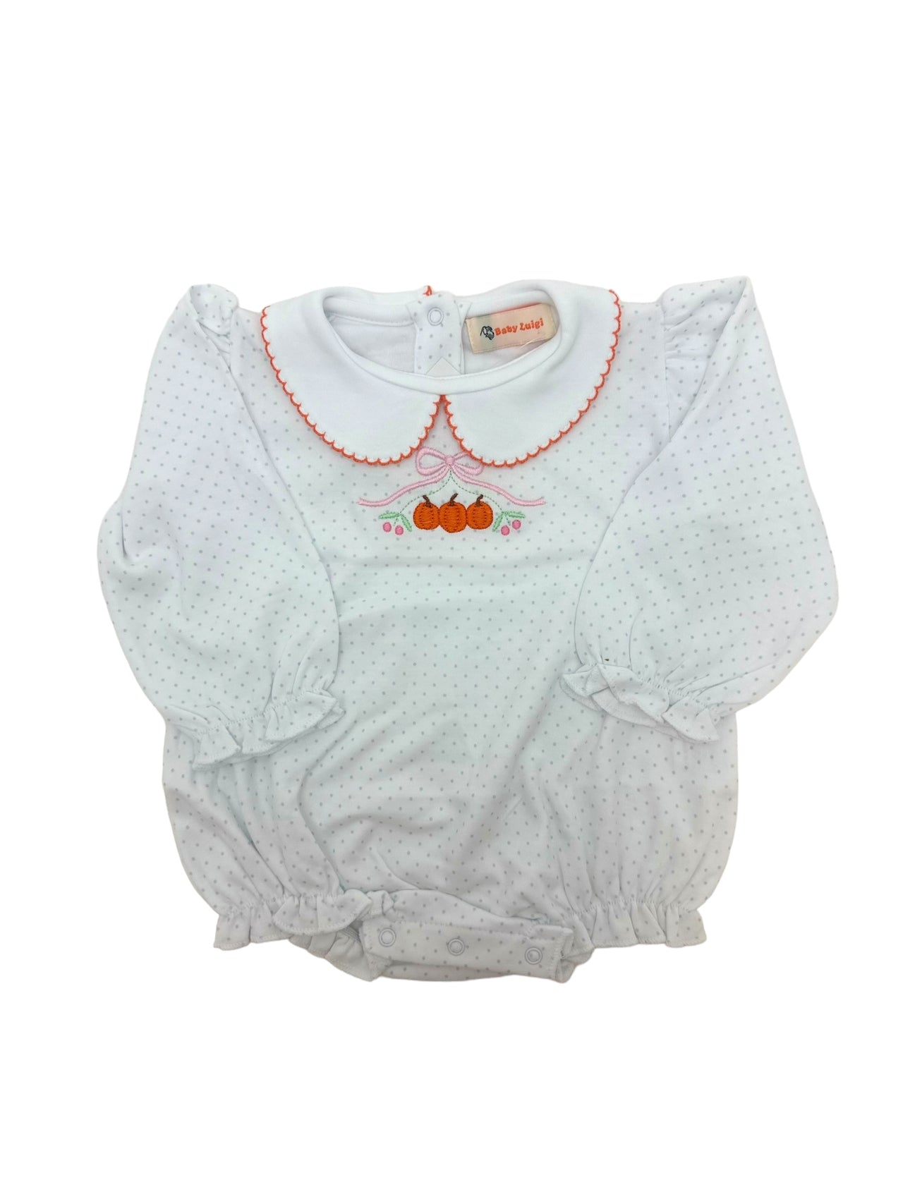 Luigi Ruffle Bubble Onesie W/Pumpkins & Bow White/.Blue Dots 5109