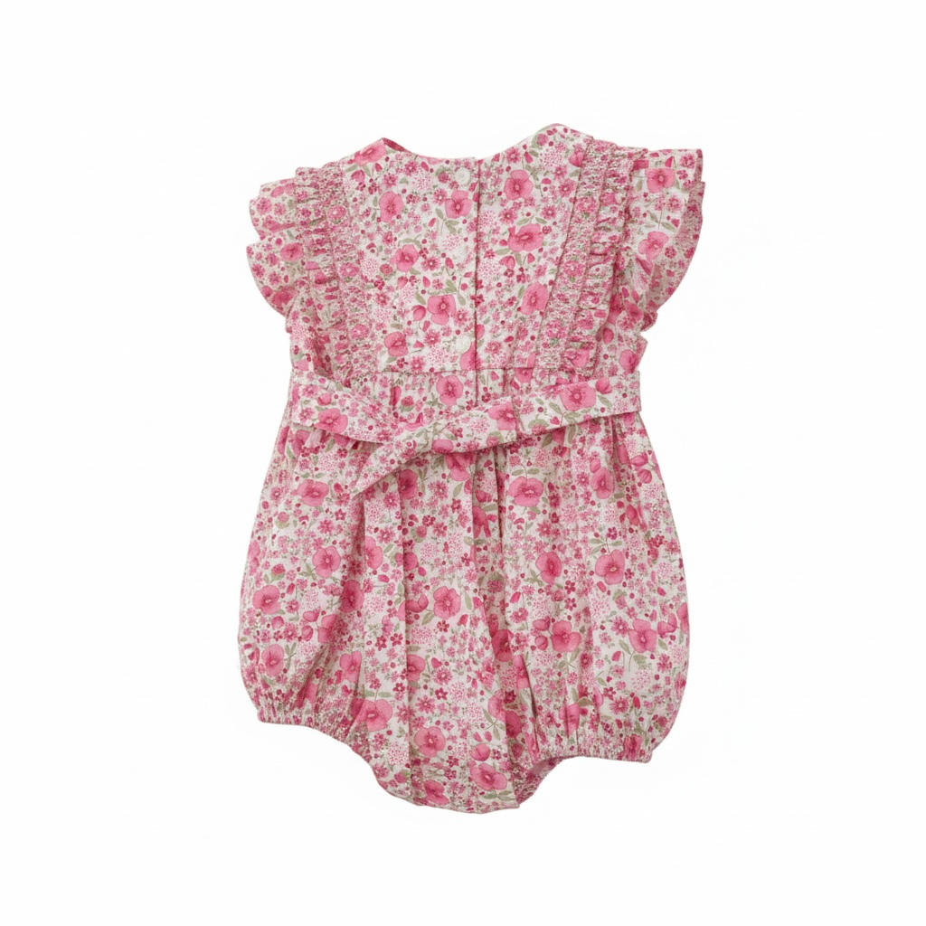 Claire & Charlie Girl's Bubble W/Smocked Ruffles Pink Roses Print 3004F-CS26 5303