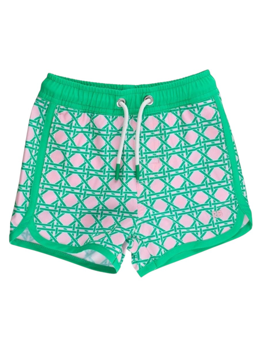RuffleButts Pink Coastal Cane Performance Hybrid Dolphin Hem Swim Trunks 2SW1046-00-P1170 5302