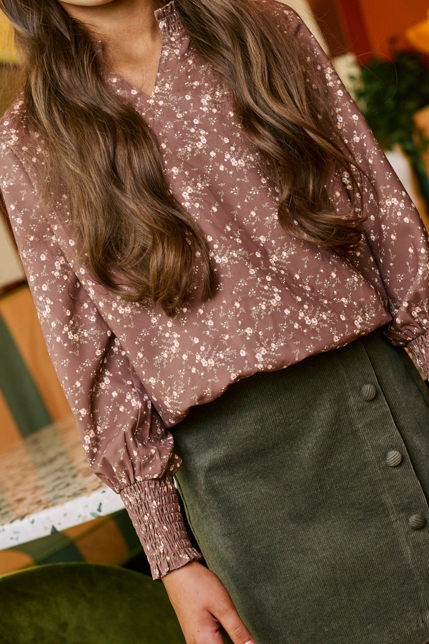 Pleat Elizabeth Top Brown Sugar Blooms P-00297 5308
