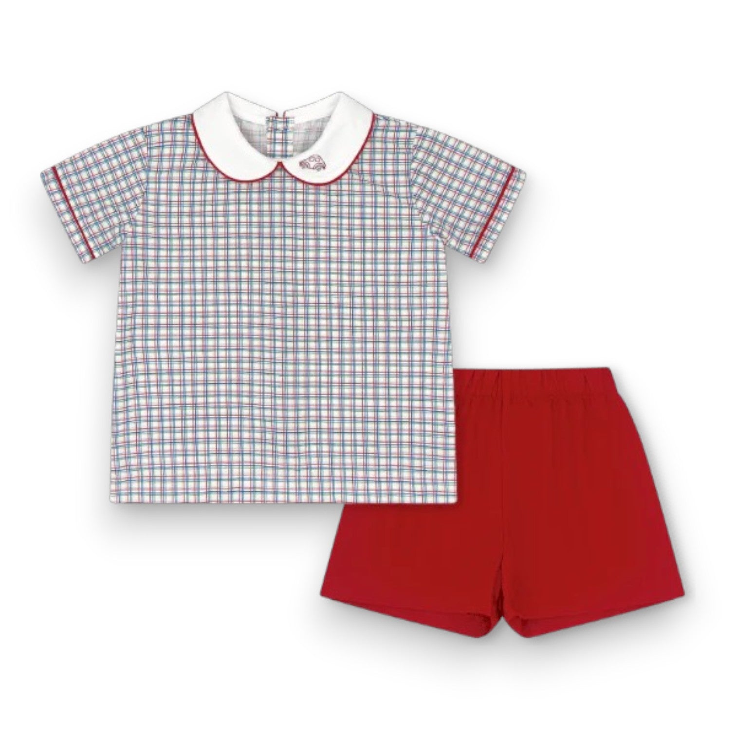Lullaby Set Woven Primary Plaid Sibley Shirt, Raleigh Red Broadcloth 5306Bloomer Short