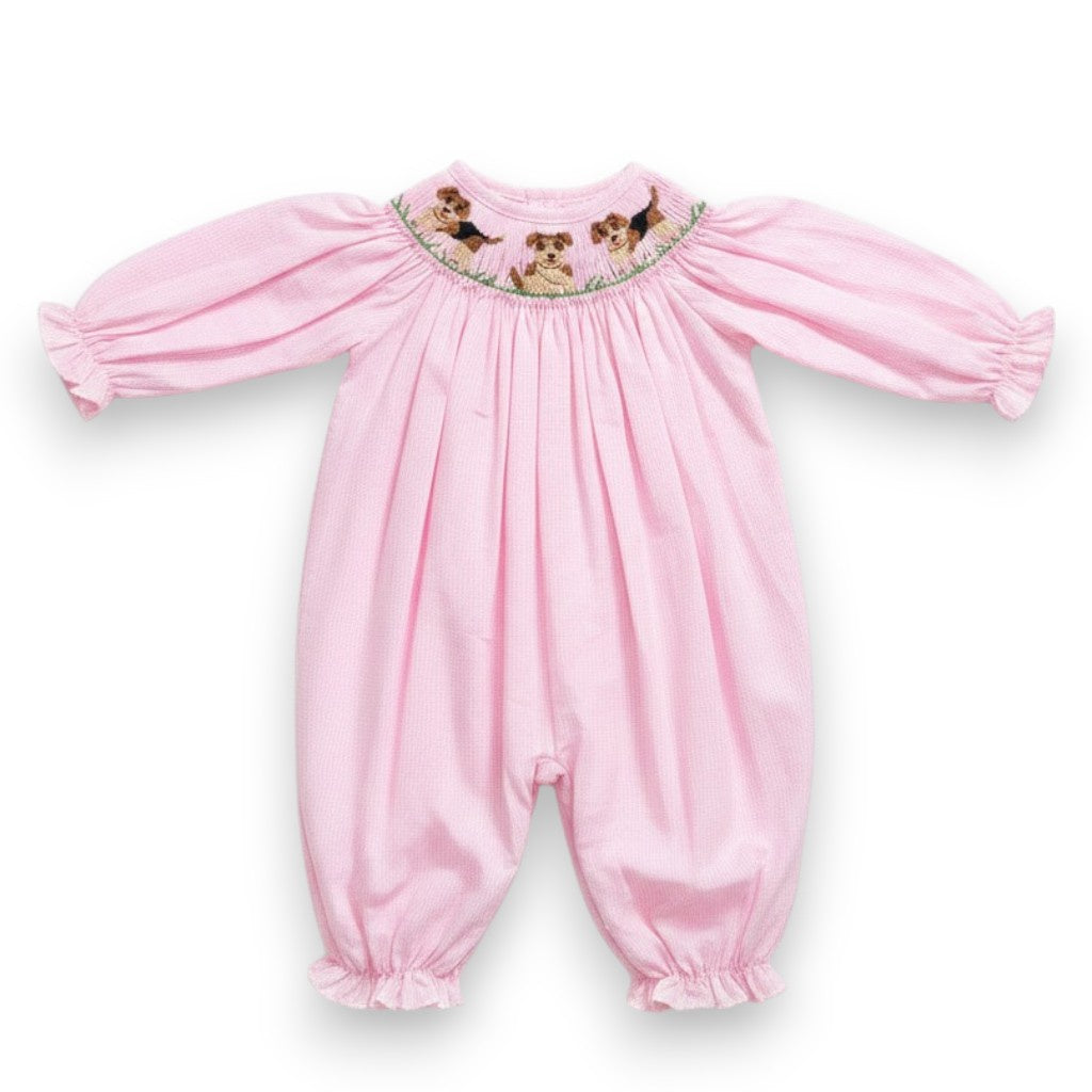 Delaney Girls Smocked Puppy Love LS Bishop Romper DELF26-80 5308