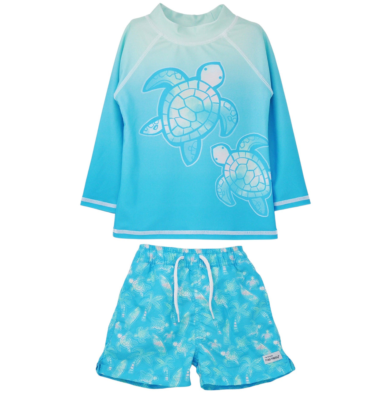 Flap Happy UPF 50 Graphic Rash Guard Swim Top Beach Turtles & Beach Turtles Trunks W/Mesh LinerRLPG/COCO 5112