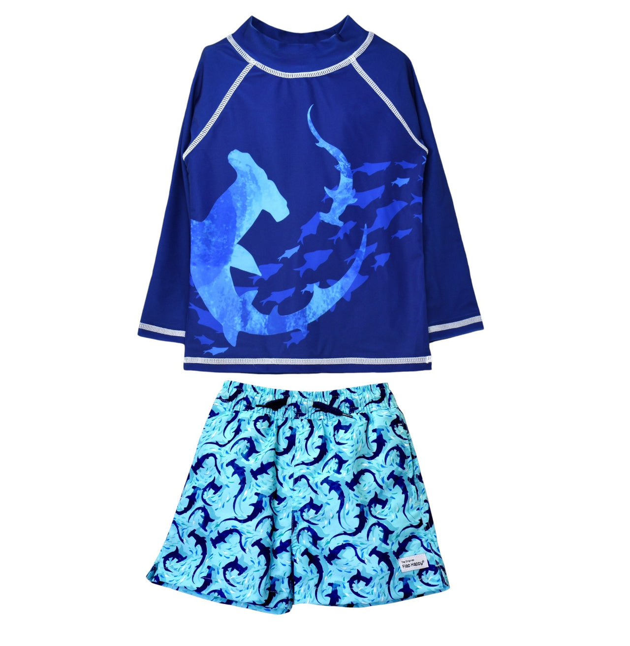 Flap Happy UPF 50 Graphic Rash Guard Swim Top Swirly Sharks & Swirly Sharks Trunks W/Mesh Liner RLPF/SWSH 5112