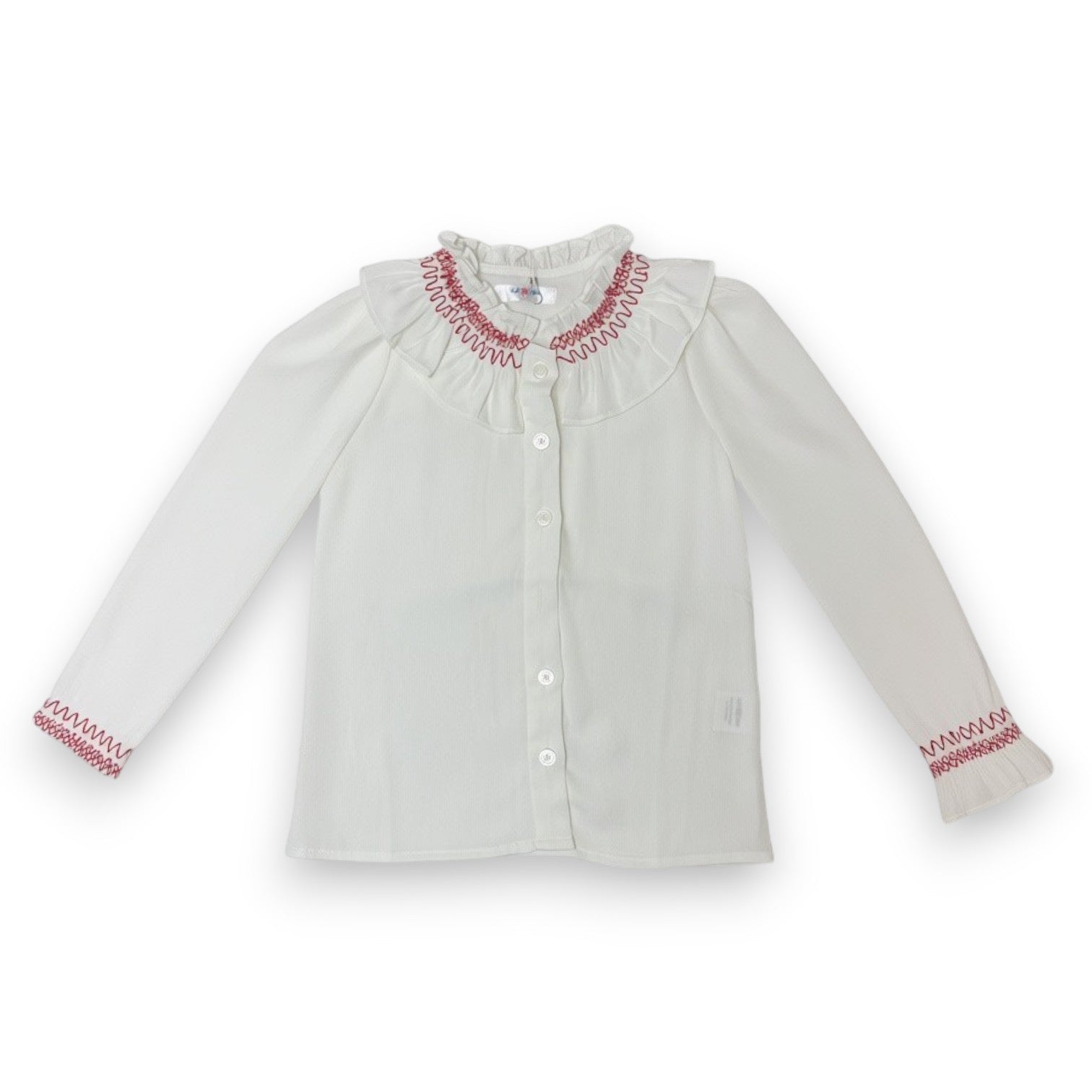 Lulu Bebe White LS Red Smocked Ruff Col Shirt LIZ-WHIT 5308