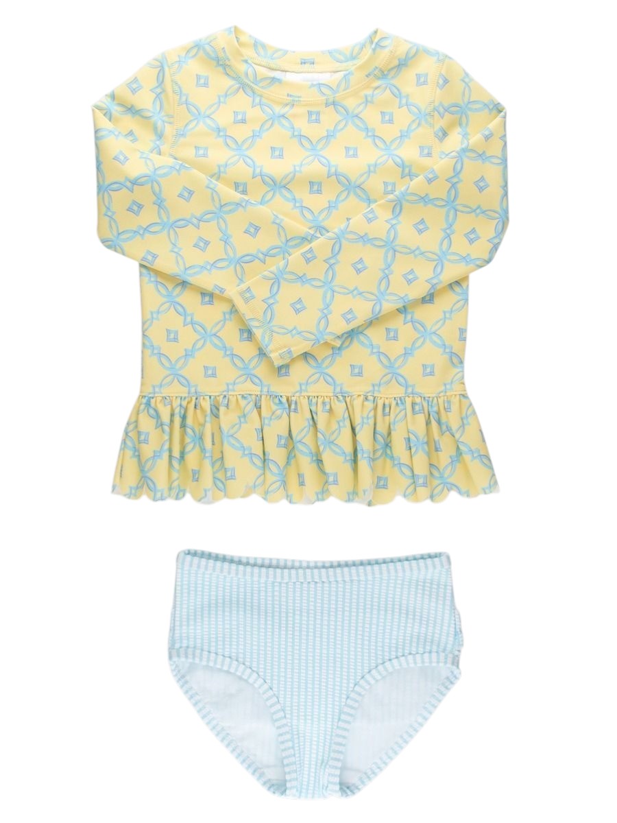 RuffleButts Banana Coastal Charm Scallop Hem long Sleeve Rash Guard 2 piece W/Rear Ruffles 1SW0383-00-P1140