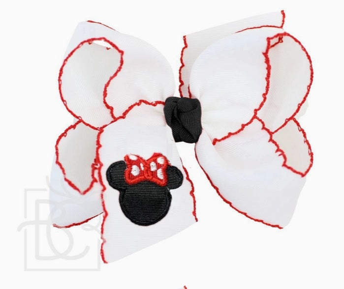 Beyond Creations Mouse Figure Embroidered White Bow w/Crochet Edge Bow