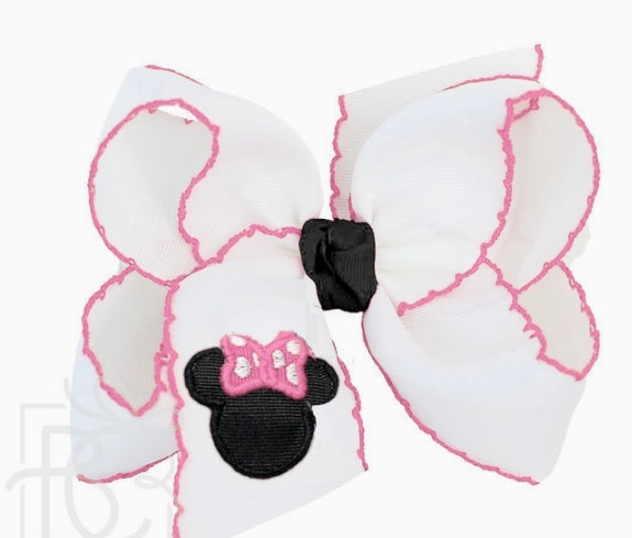 Beyond Creations Mouse Figure Embroidered White Bow w/Crochet Edge Bow