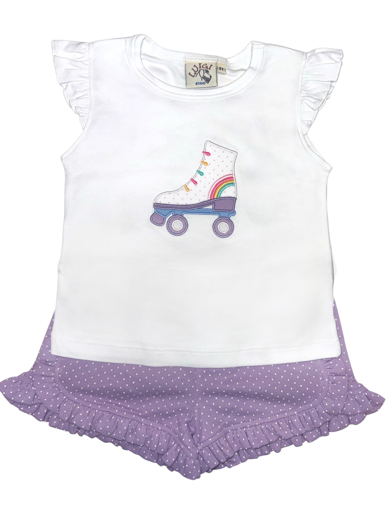 Luigi White T-Shirt W/Skate Applique & Lavender/White Dot Ruffle Shorts 5302