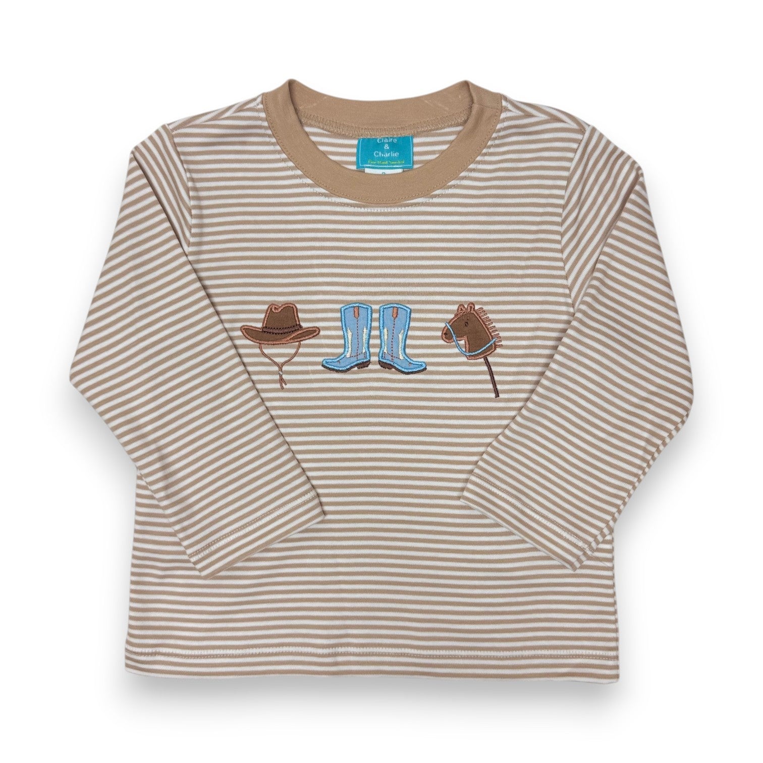 Claire & Charlie Cowboy Applique Khaki Stripe Boy's T-Shirt 5059PL-CF26 5306