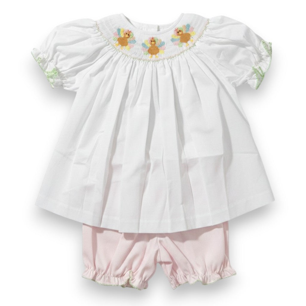 Lulu Bebe Turkey Smocked Bishop Bloomer Set White/Pink EMMA-B-7