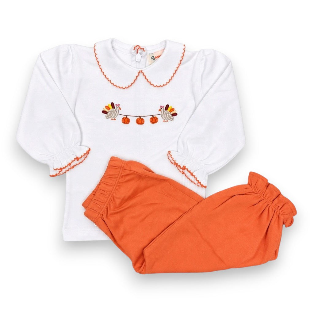 Luigi Girl 2 Turkeys and Pumpkins Applique Shirt W/ Orange Ruffle Knit Pants 5310