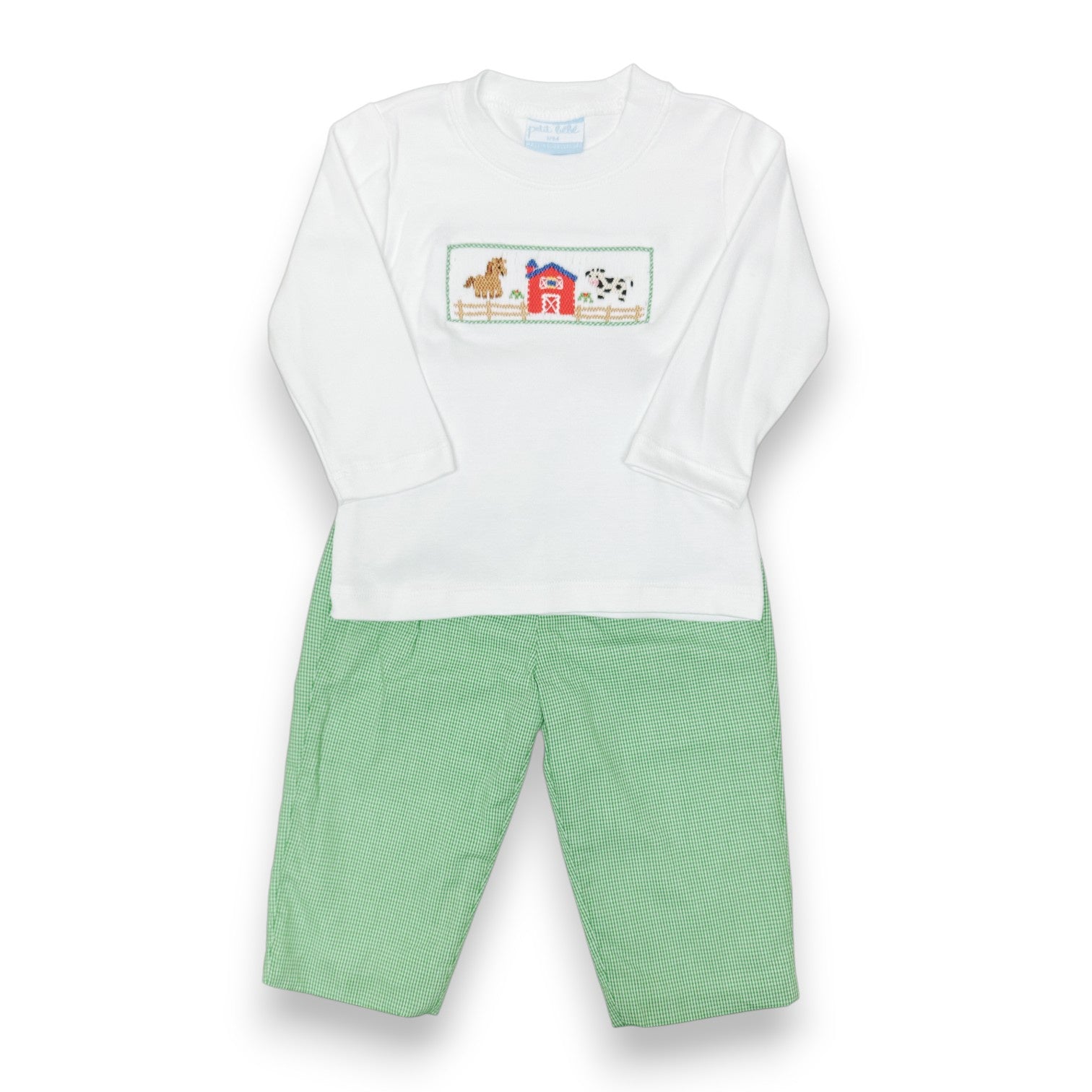 Petit Bebe Farm Boy's  White T-Shirt L/S & Green Gingham Boy's Long Pants Lined 125Pl/PB 5306
