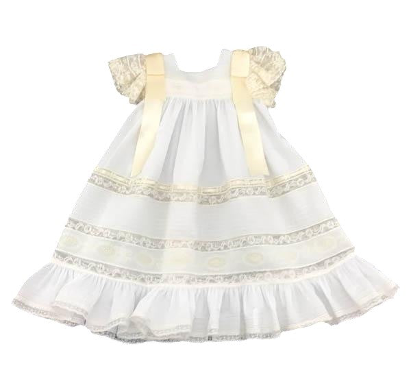 Treasured Memories White Dress w/ Ecru Lace, Embroidery & Thick Satin Ribbon Bows 1631 WH/EC