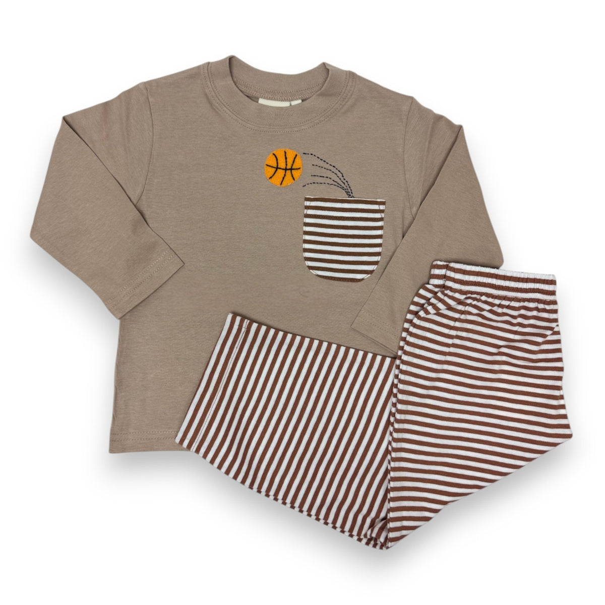 Luigi Boy L/S  Shirt W/Basketball Applique & Jersey N. Stripe Pants Mocha/White  Stripe T081-13939-23/P014S-225 5309