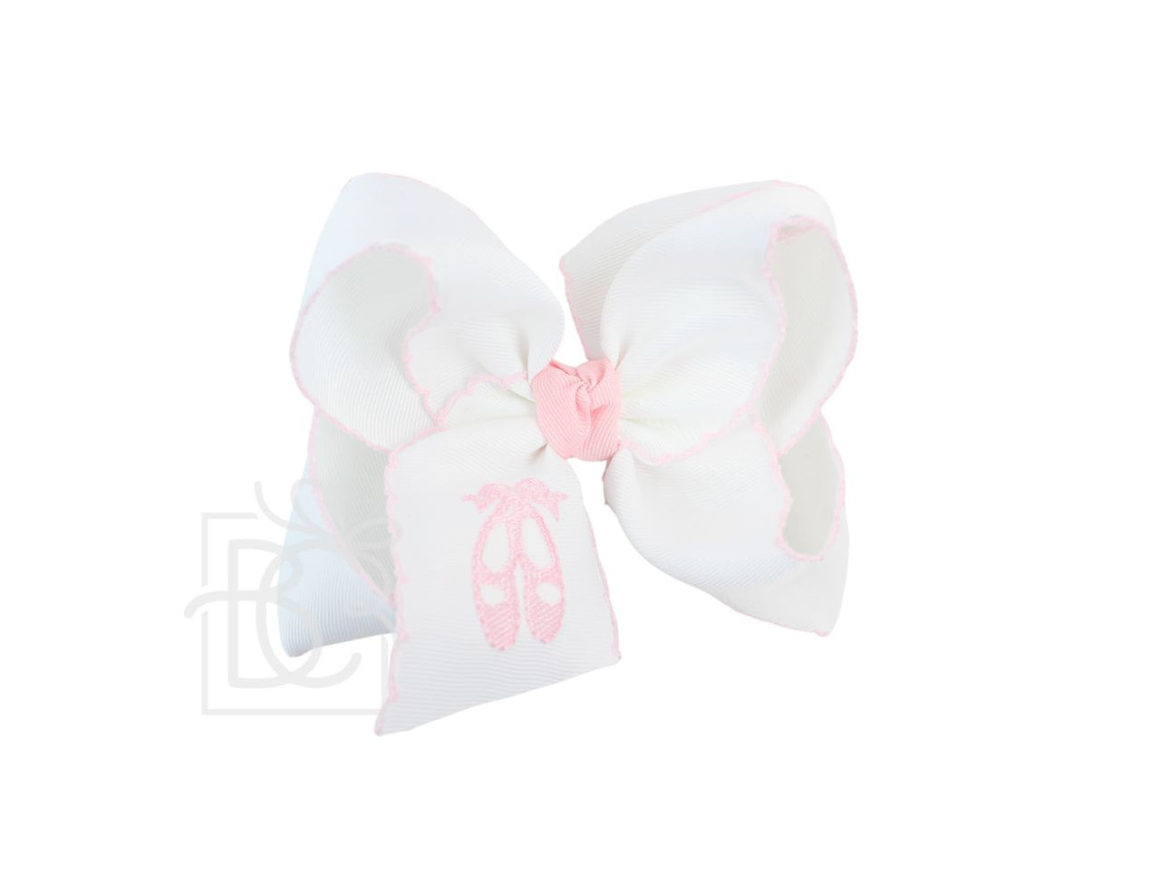Beyond Creations Embroidered Ballet Shoes on Large White Bow w/Light Pink Crochet Edge