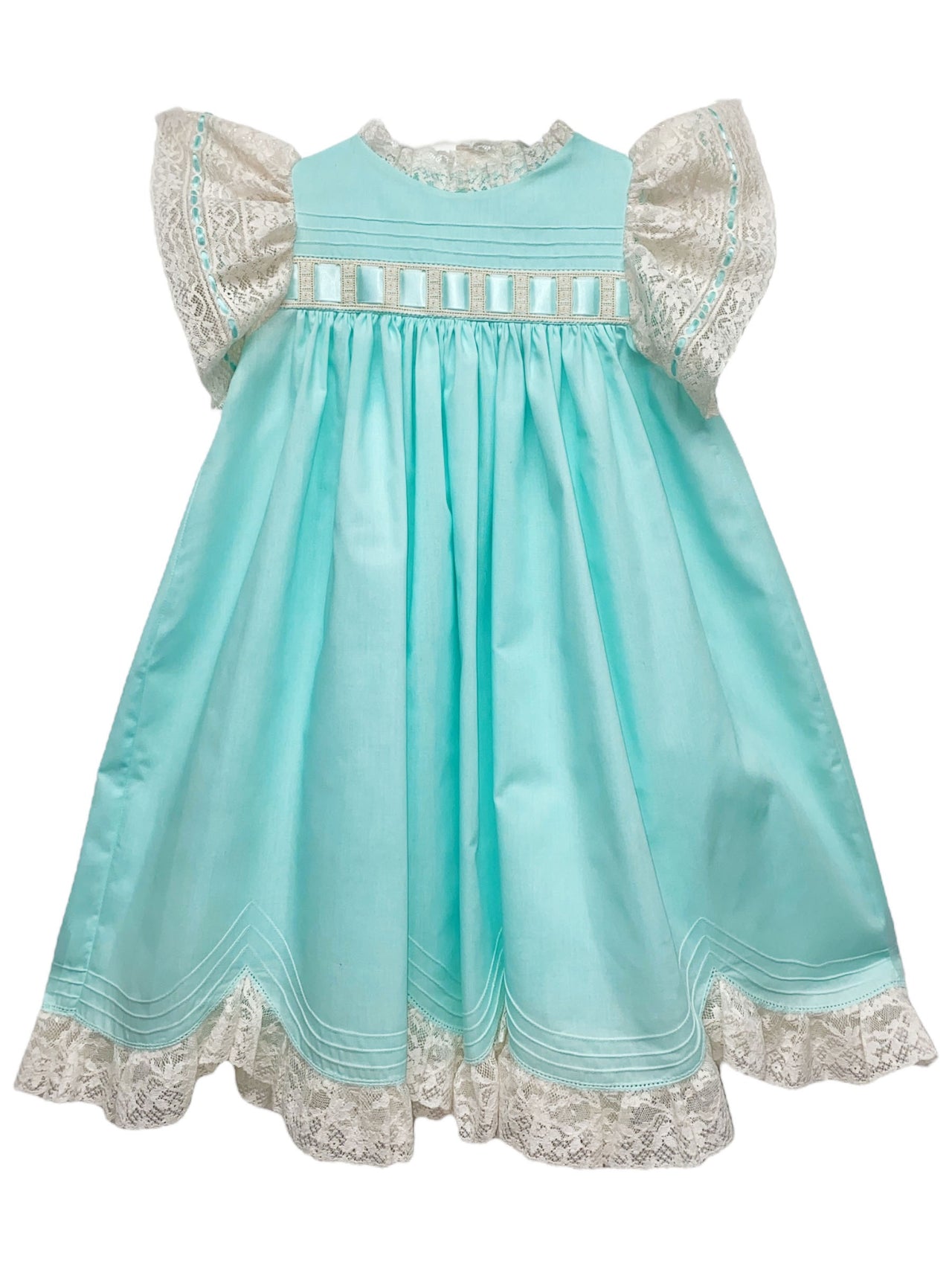 Treasured Memories Aqua Dress W/Ecru Lace and Aqua Ribbon 5615 5201