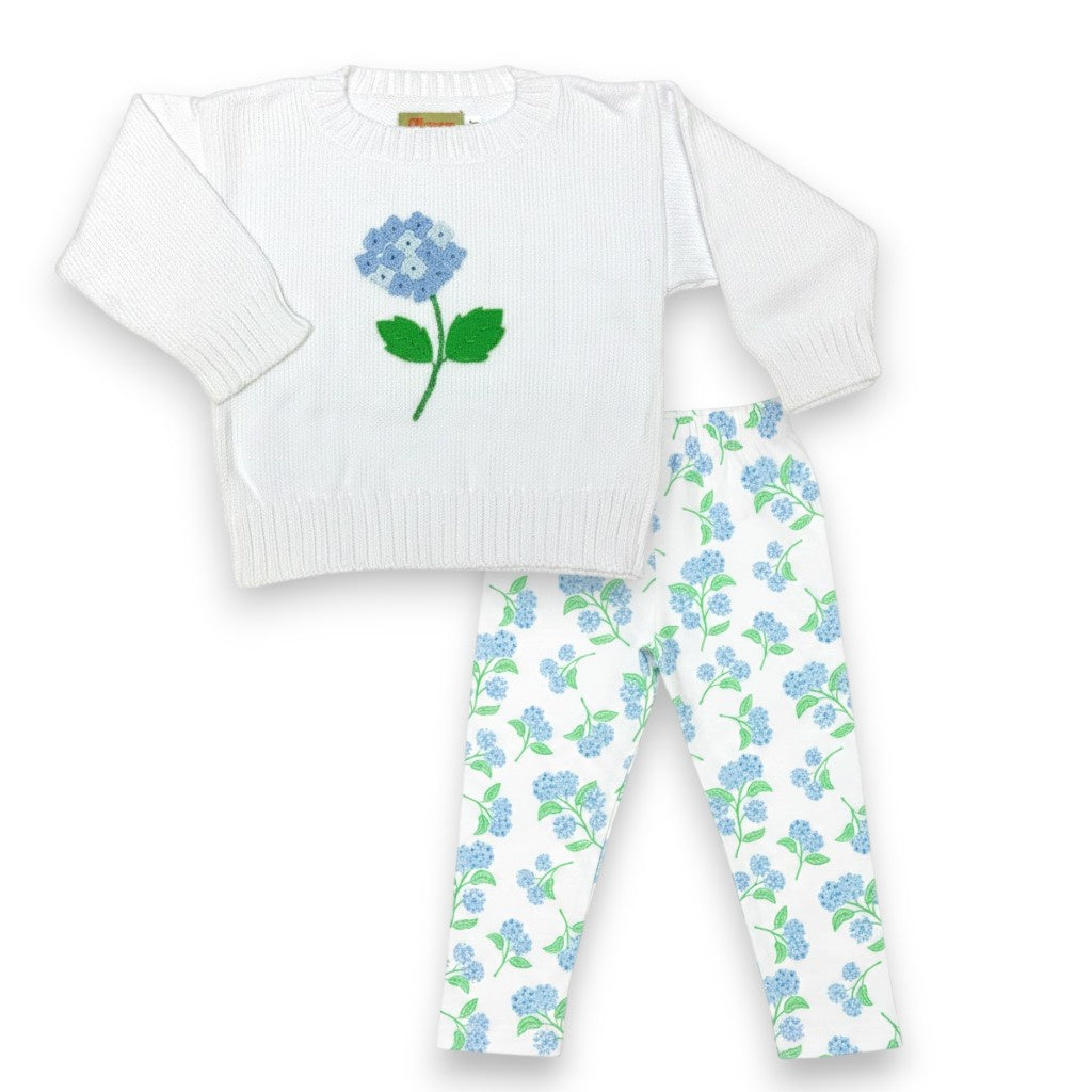 Luigi White Sweater W/Blue Hydrangea & Hydrangea Printed Straight Leggings IP053/IP001P
