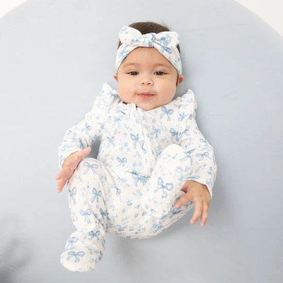 Angel Dear Blue Bows and Flowers - 2 Way Ruffle Sleeve Zipper Footie 726-F26-DBF