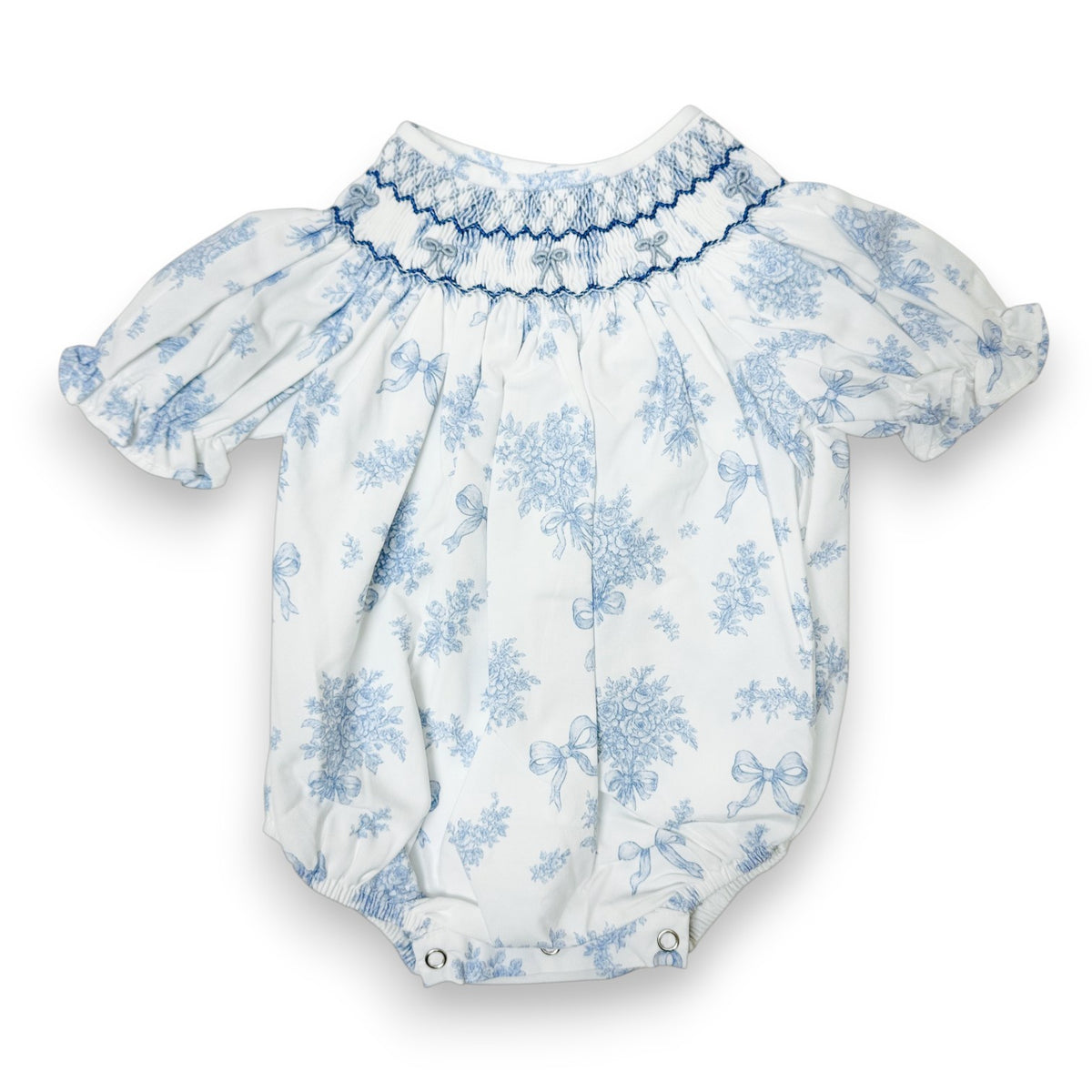 Sweet Dreams Evelyn White/Blue Floral Print W/Bow Smocked Bubble  MT170 5308