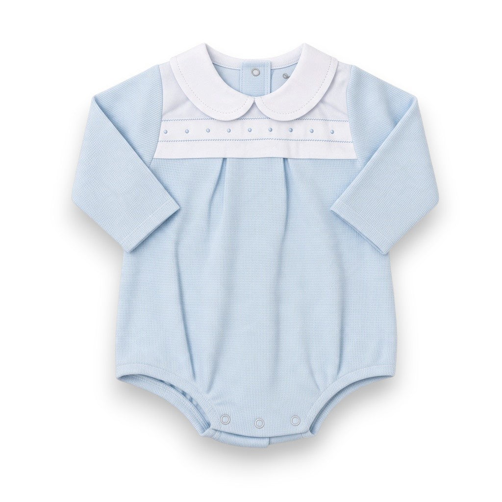 Babidu Baby Boy Cotton Knitted Romper White Peter Pan Collar & Blue Dots on Front 30630 5309
