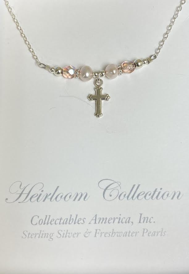 Collectables Cross Necklace w/ Pink Pearls & Crystals STG-136