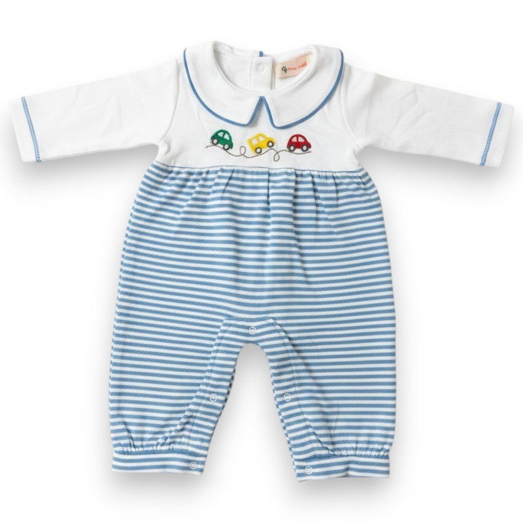 Luigi L/S Romper W/3-Car Applique Blue Stripe BL231S-M8222