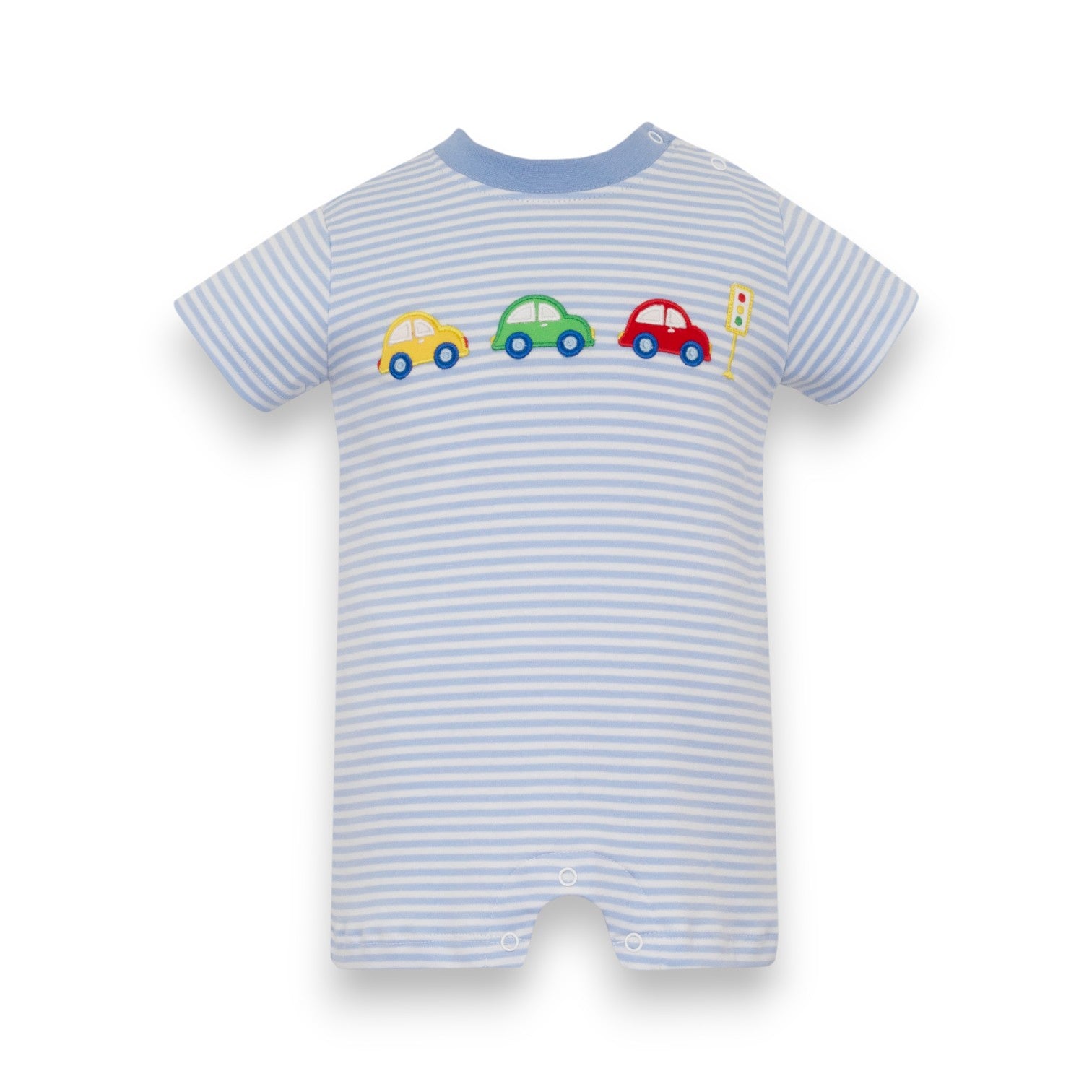 Claire & Charlie Cars Blue Knit Stripe  Boy's Short Romper 5006J-CS26