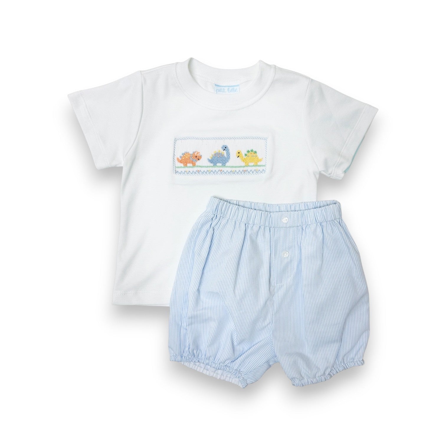 Petit Bebe Dinos Lt Blue Tiny Stripe Boy's White Knit T-Shirt Set W/Bloomer 119M-MS26 5303
