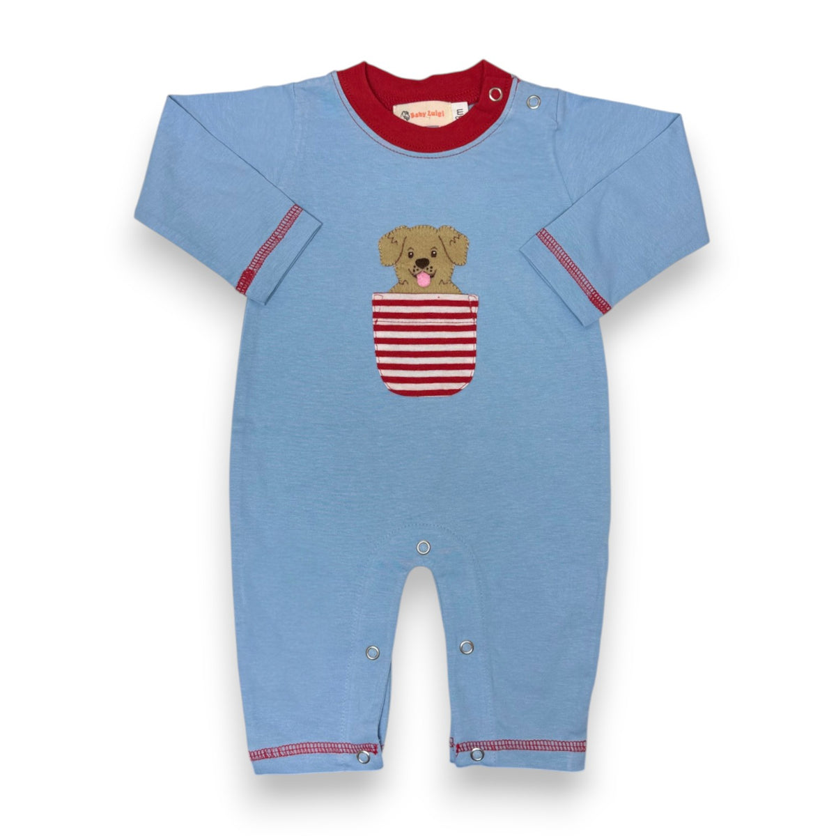 Luigi L/S Jersey Romper Dog Face in Pocket Sky Blue/Deep Red OE158-13929 5309