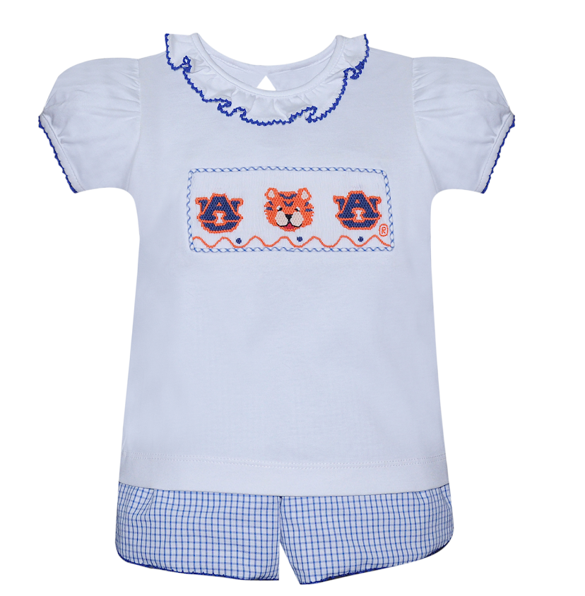 Southern Saturday Tiger Navy/Orange Smocked Girl Bloomer set/Short Set SS70-BS 5107