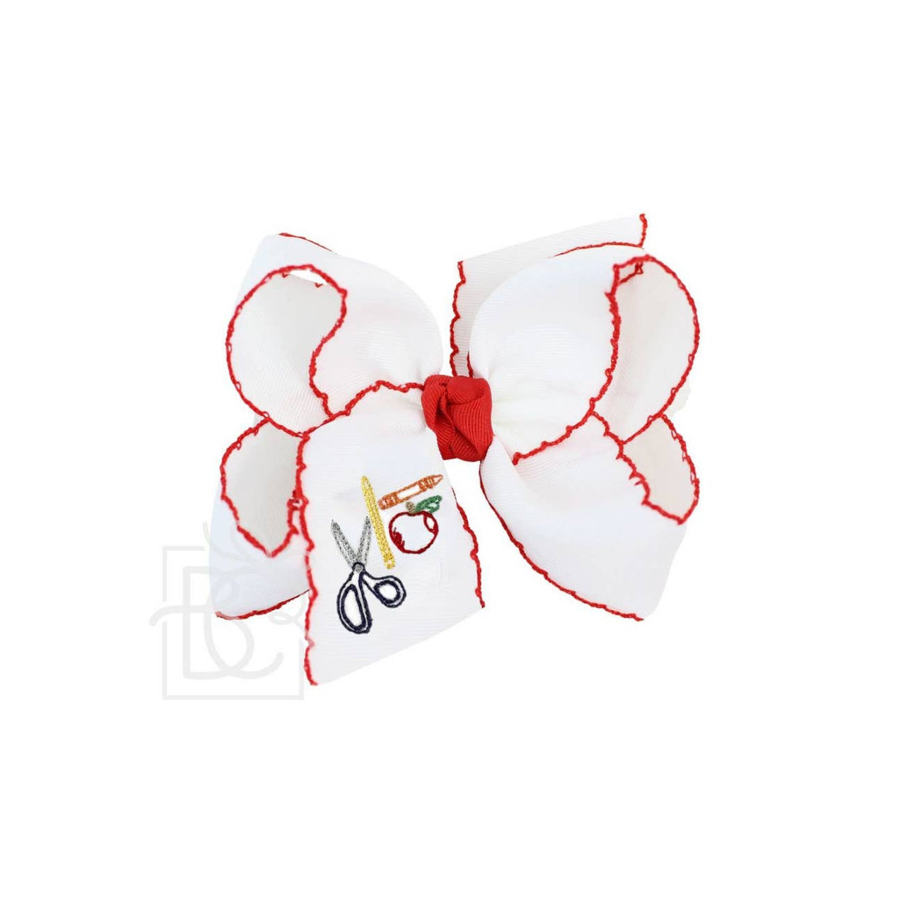 Beyond Creations Back to School Embroidered White w/ Red Crochet Edge Bow