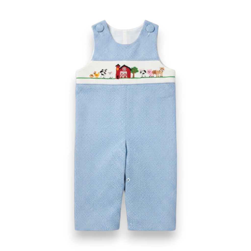 Delaney Boys Long Jon Jon Lt Blue Check Smocked Farm Animals & Barn 110 5308