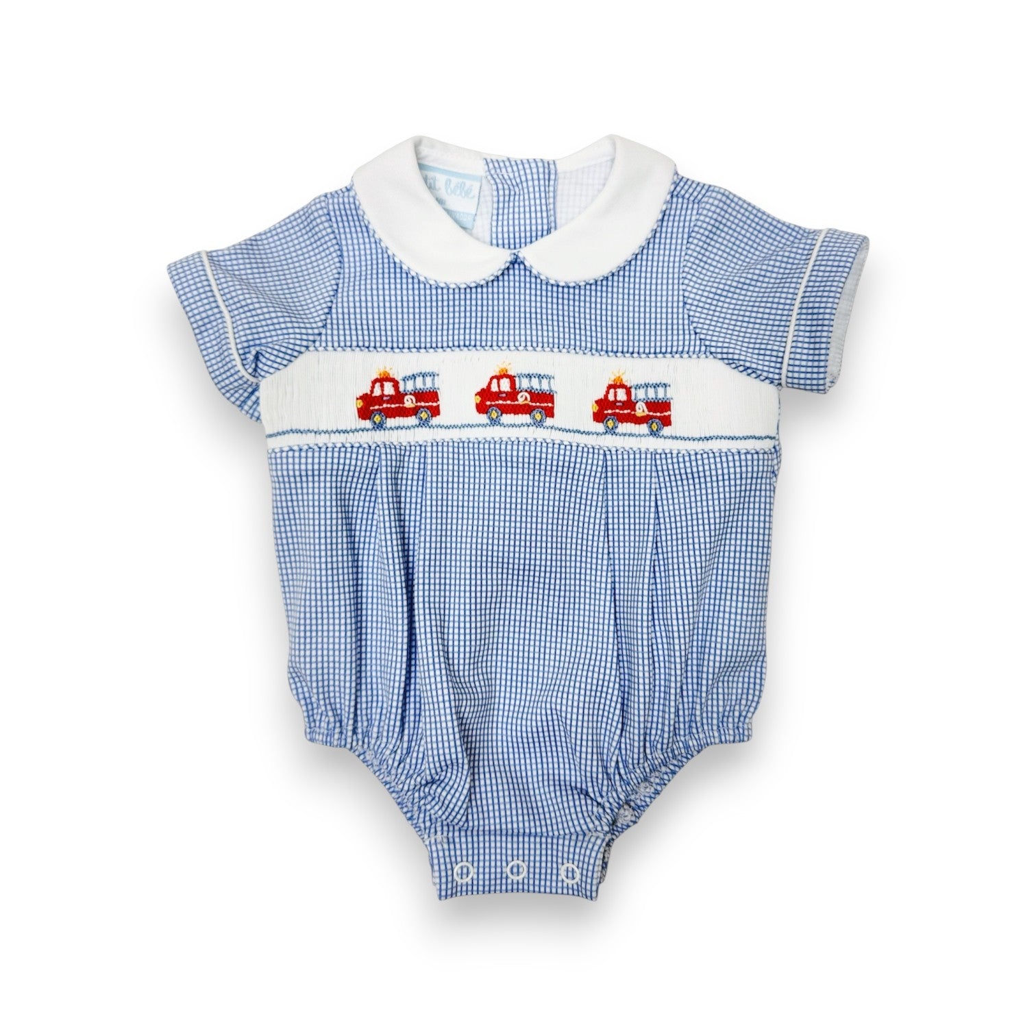 Petit Bebe Firetrucks Royal Blue Knit Gingham Boy's Bubble 432BB-MS26