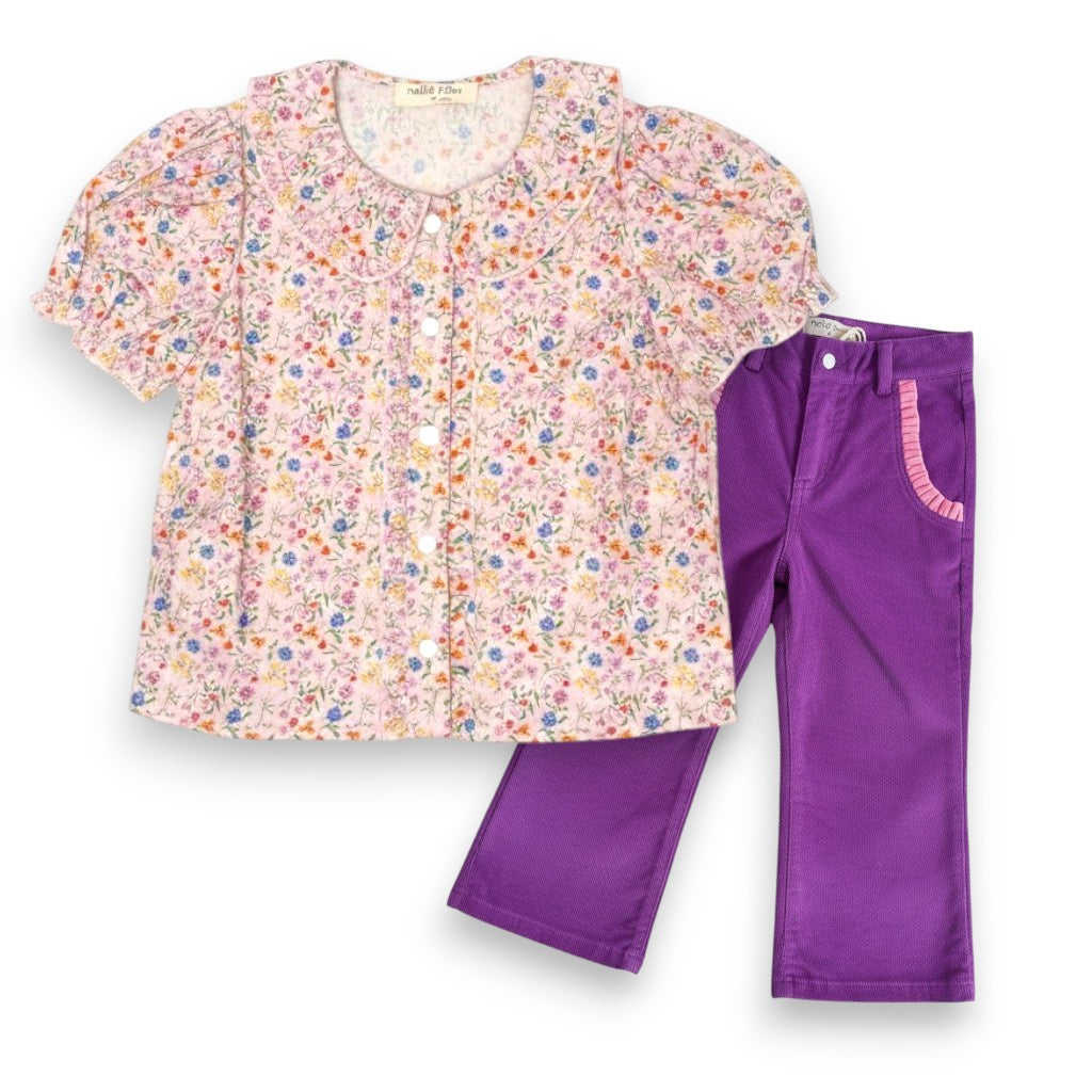 Nella June Ruffle Button Down Blouse Floral & Girls' Velvet Trim Cord Pant NJ125/NJ126 5307