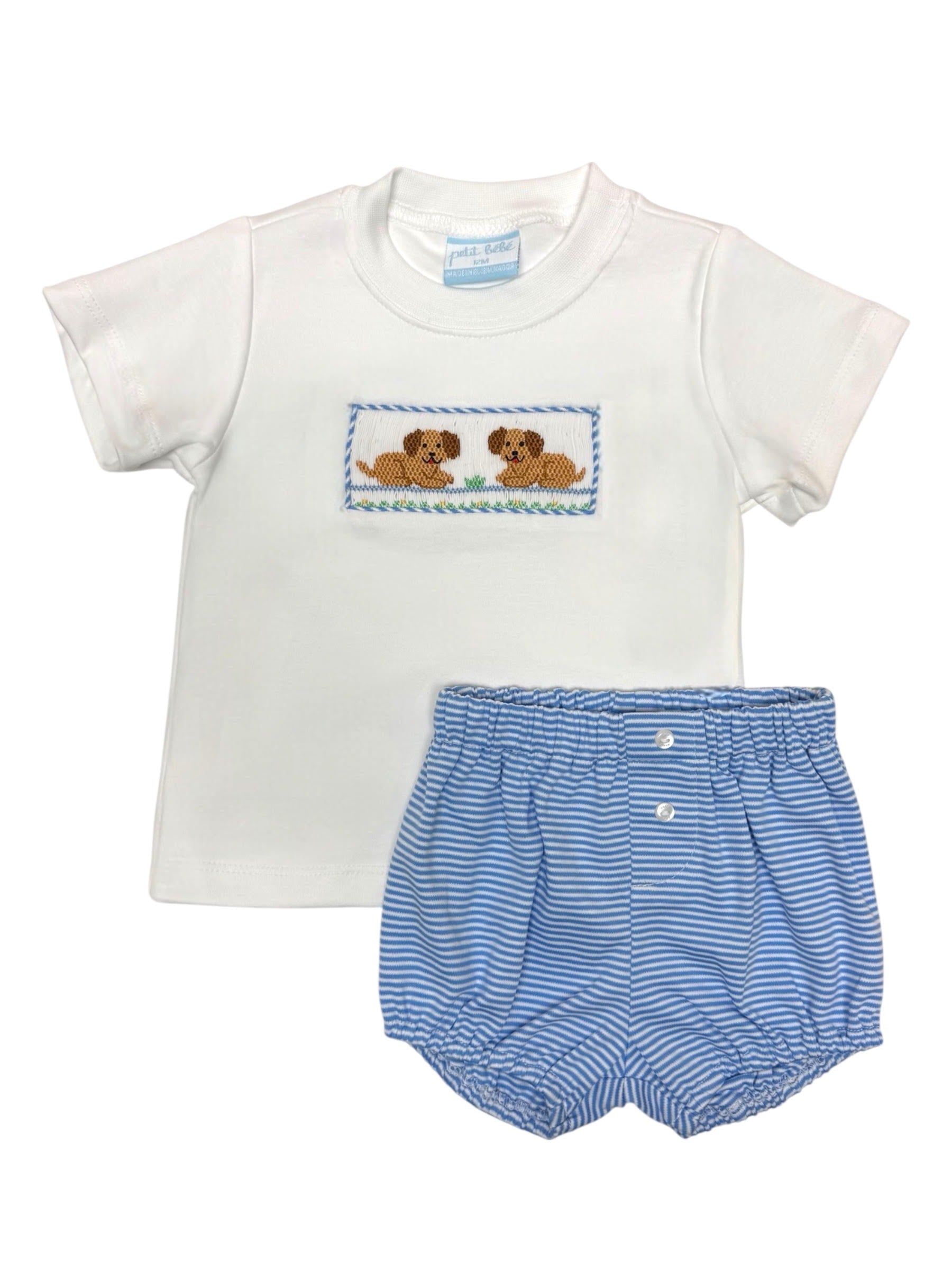 Petit Bebe Garden Puppies Boy's Periblue Knit Stripe Boy's White T-Shirt & Diaper Set 433C-MS26 5303