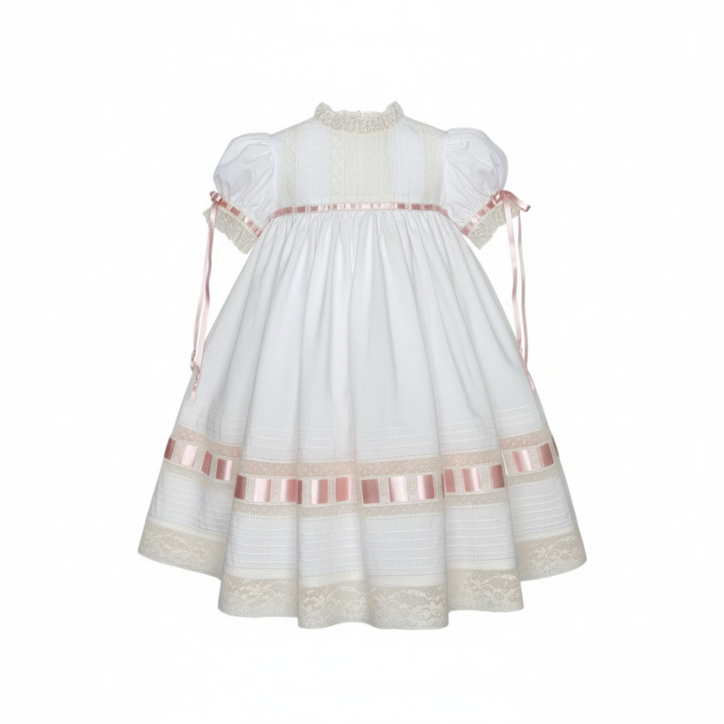Treasured Memories White Dress W/Ecru Lace Pink Ribbon S2694 5212