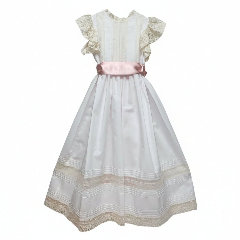 Treasured Memories White Dress W/Ecru Lace Insertion & Tucks Bodice and Pink Satin Ribbon Tie at Waist 5011 5212