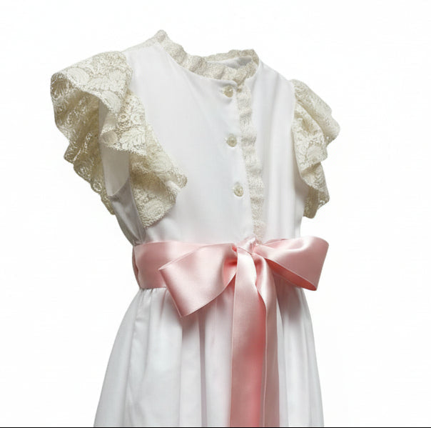 Treasured Memories White Dress W/Ecru Lace Insertion & Tucks Bodice and Pink Satin Ribbon Tie at Waist 5011 5212