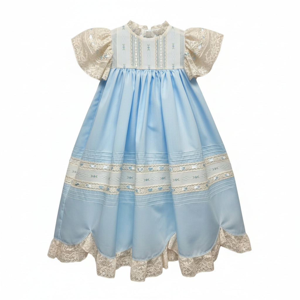 Treasured Memories Blue Dress W/Ecru Lace & Insertion Lace Sleeves ( 0n sizes 2t & above) & Blue Ribbon S2695 5212