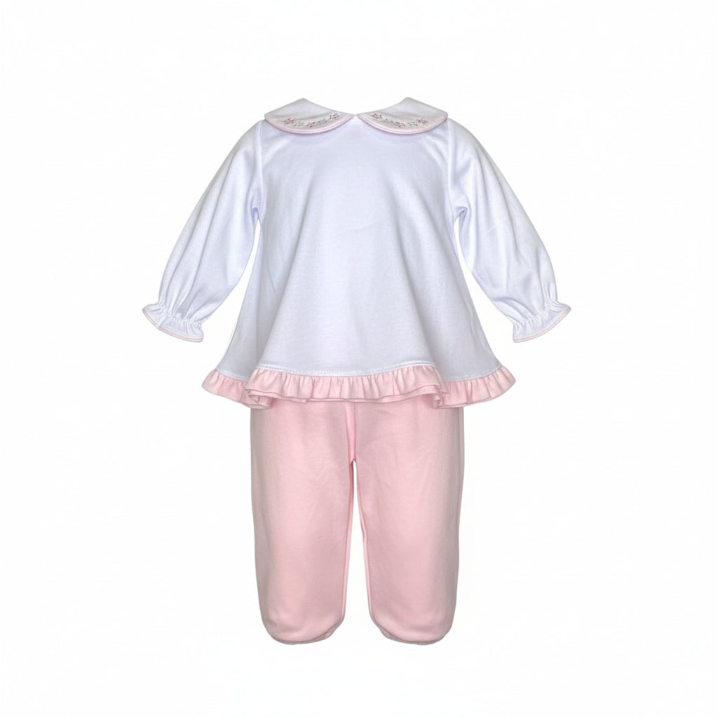 Auraluz White/Pink 2pc Long Sleeve Shirt W/Floral Emb on Collar & Pink Knit Pants 6856 5209